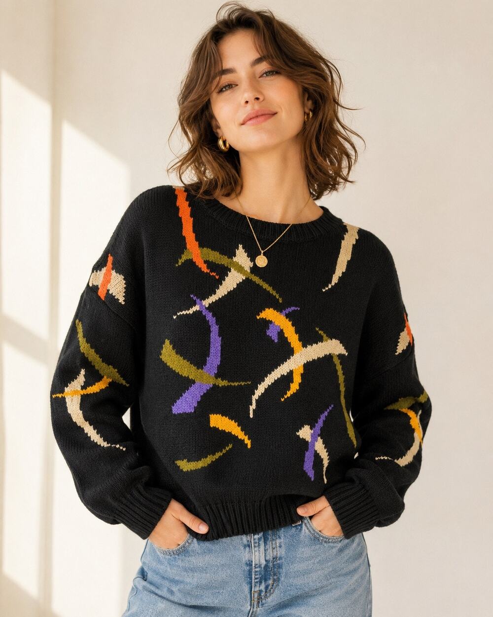 Vintage Southern Cross Abstract Intarsia Cotton Sweater XL Handmade Peru Unisex